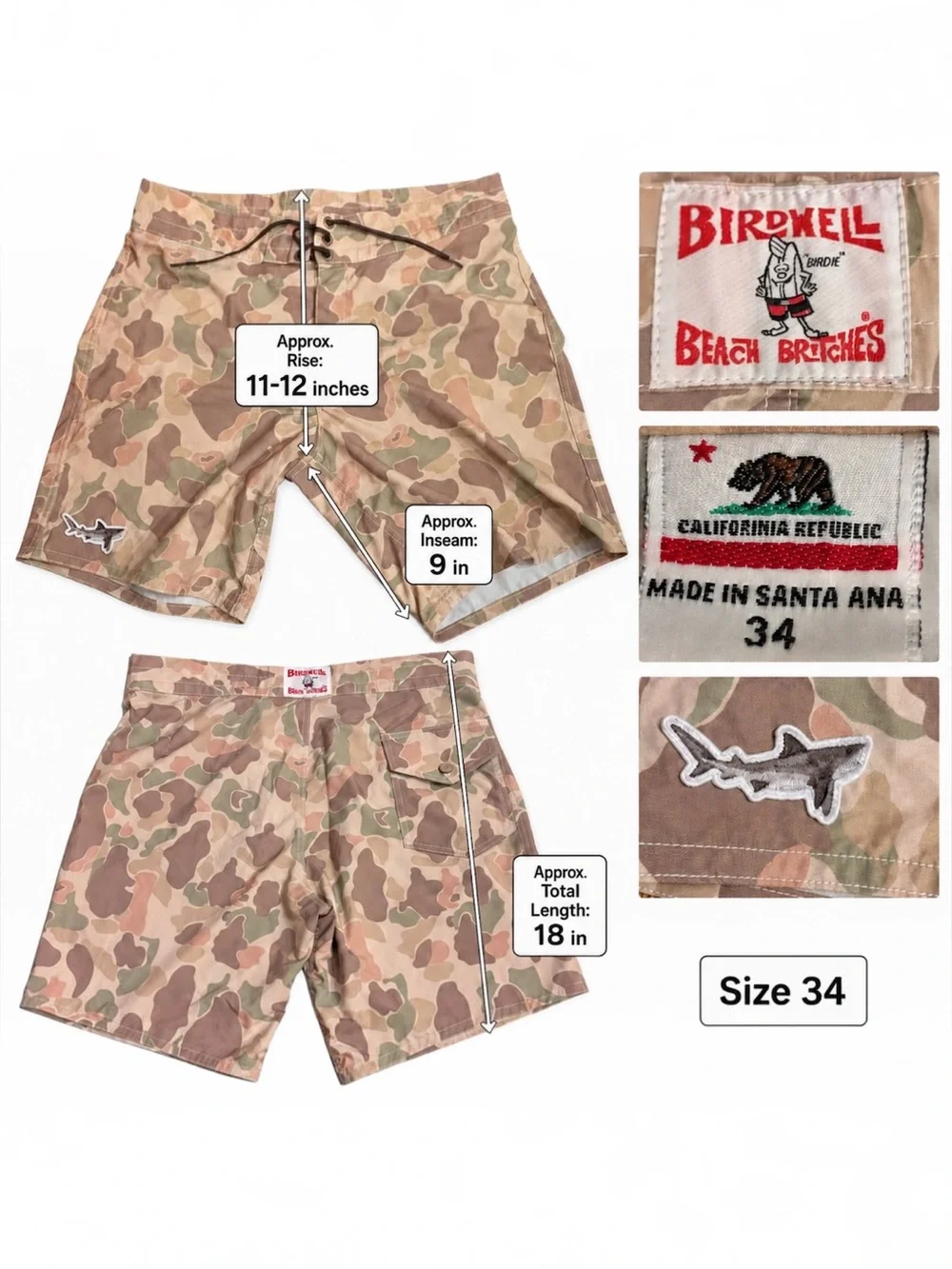 Birdwell Beach Britches Camo Board Shorts Shark Patch Men’s 34 USA